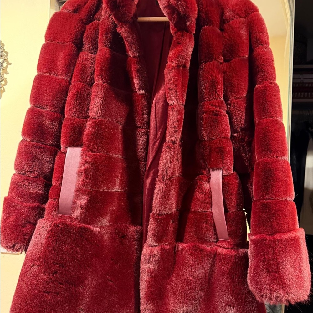 Jones New York Deep Red Faux Fur Jacket